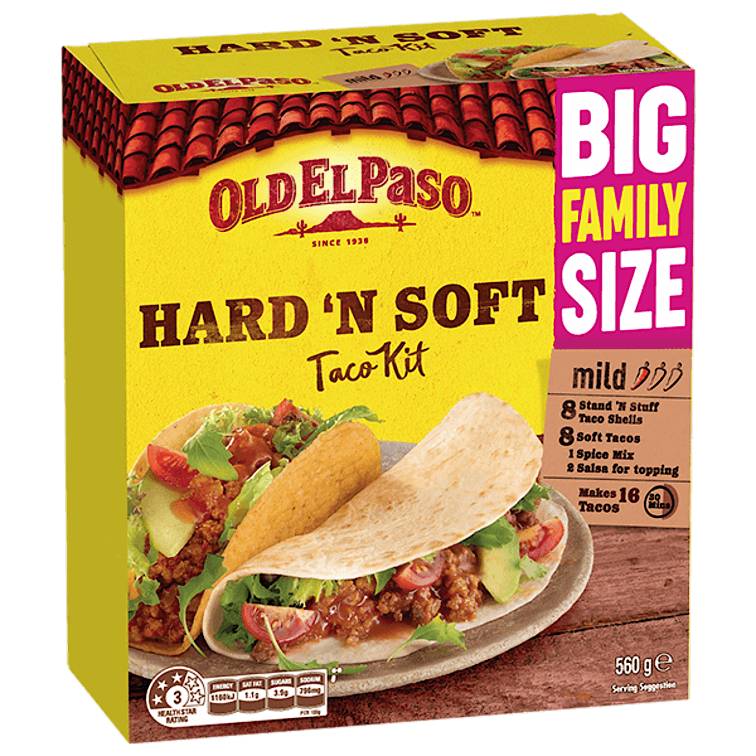 a family pack of Old El Paso's hard n soft taco kit mild containing taco shells, soft tacos, spice mix & salsa for topping (560g)